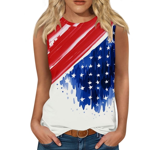 Women's Casual Round Neck Sleeveless Vest Top, Patriotic Independence Day Print Summer Blouse for Lightweight Layering,Red S