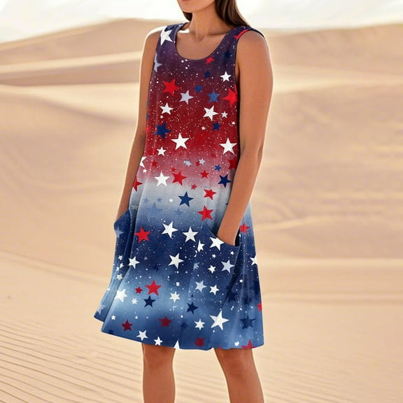 Women's Casual Round Neck Sundress, Sleeveless Summer Dress with Independence Day Print, Stylish Choice for Daily Wear,Blue S