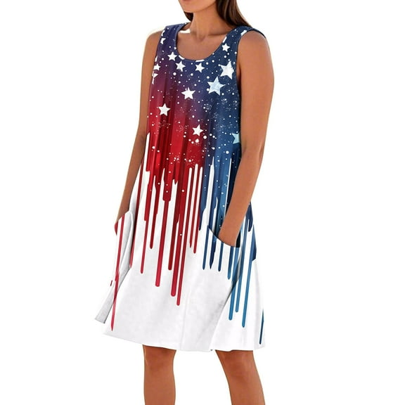 Women's Casual Round Neck Sundress, Sleeveless Summer Dress with Independence Day Print, Stylish Choice for Daily Wear,Dark Blue 2XL
