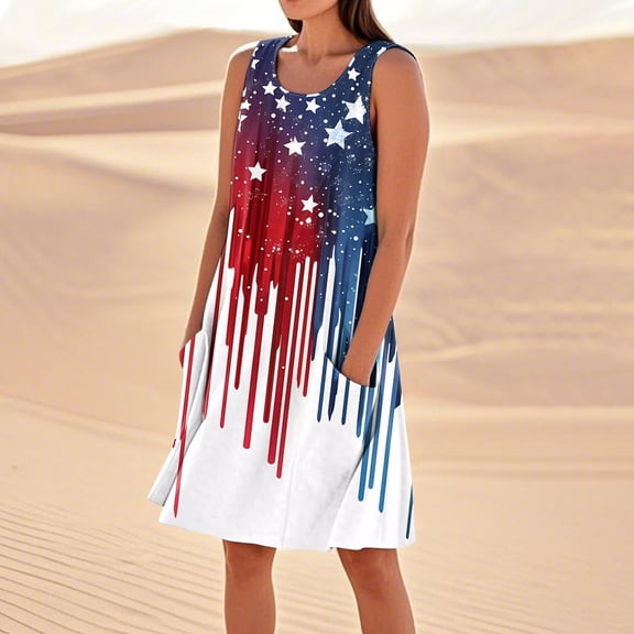 Women's Casual Round Neck Sundress, Sleeveless Summer Dress with Independence Day Print, Stylish Choice for Daily Wear,Dark Blue S