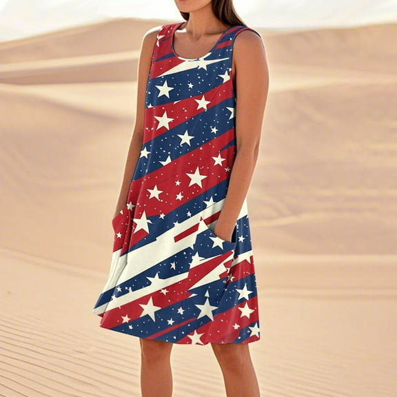 Women's Casual Round Neck Sundress, Sleeveless Summer Dress with Independence Day Print, Stylish Choice for Daily Wear,Deep Red XL