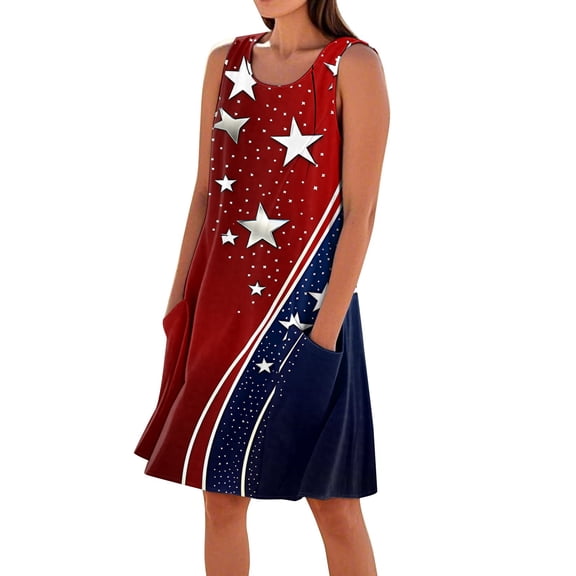 Women's Casual Round Neck Sundress, Sleeveless Summer Dress with Independence Day Print, Stylish Choice for Daily Wear,Wine S