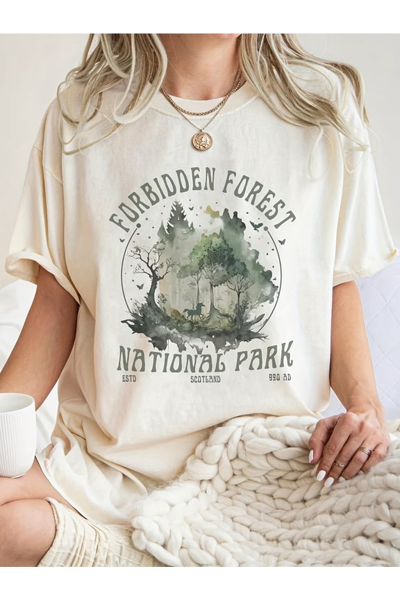 Women's Casual Round Neck T-Shirt - Forbidden Forest National Park Graphic Print, Light Beige, 1972-1996 Scotland-Inspired Design, Machine Washable, All-Season Comfort, Vintage T Shirts
