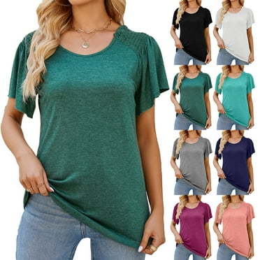 Women's Casual Round Neck T-Shirt with Ruffled Short Sleeves - Solid Color Top for All Seasons