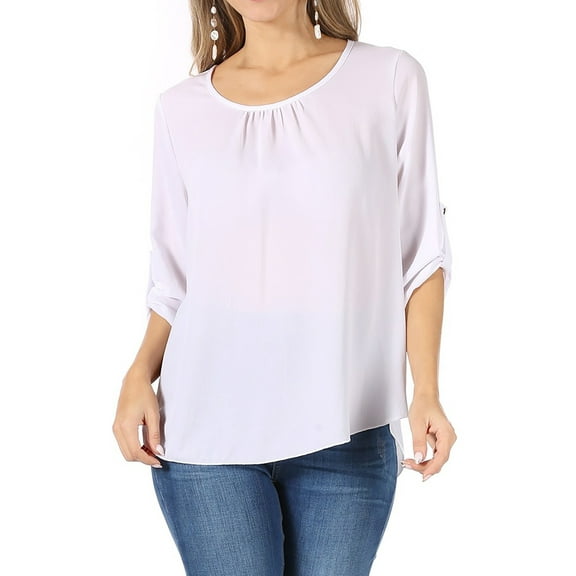 Women's Casual Round Neck Top Blouse with Roll Tab Sleeve