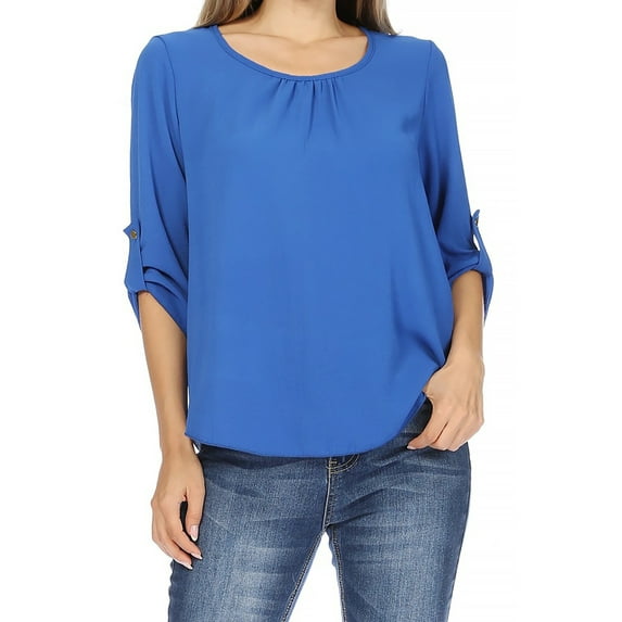 Women's Casual Round Neck Top Blouse with Roll Tab Sleeve