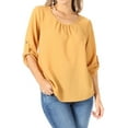 thumbnail image 1 of Women's Casual Round Neck Top Blouse with Roll Tab Sleeve, 1 of 6