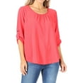 thumbnail image 1 of Women's Casual Round Neck Top Blouse with Roll Tab Sleeve, 1 of 6