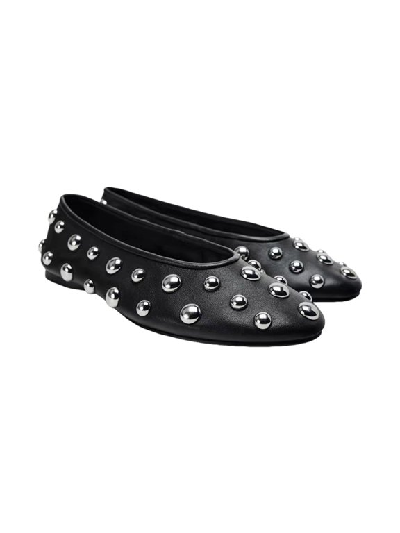 Women's Casual Round Top Slip On Flat Shoes Studded Embellishment Soft PU Black Ballet Flats Low Heel Footwear