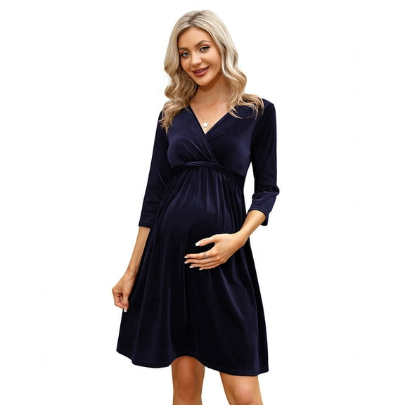 Women's Casual Ruffle Maternity Dress V Neck Nursing 3/4 Sleeve A Line Party Midi Dress