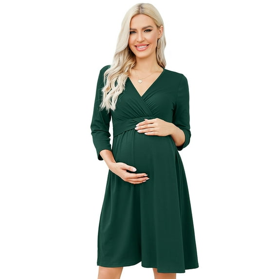 Women's Casual Ruffle Maternity Dress V Neck Nursing 3/4 Sleeve A Line Party Midi Dress