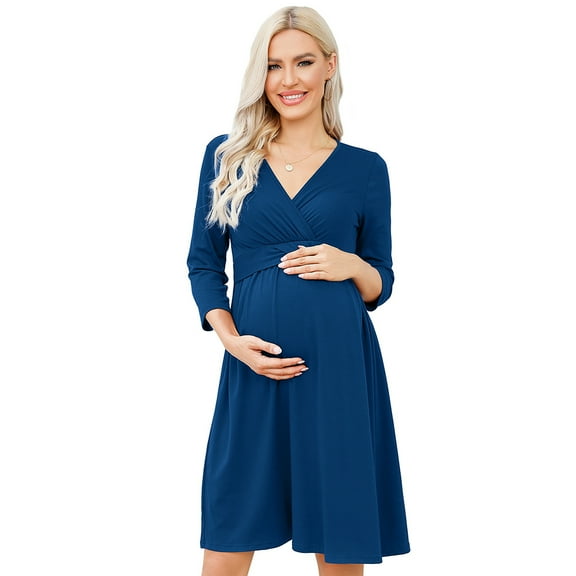 Women's Casual Ruffle Maternity Dress V Neck Nursing 3/4 Sleeve A Line Party Midi Dress