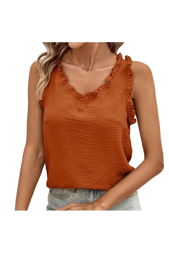 Women's Casual Ruffle V Neck Sleeveless Shirts Cute Sweet Solid Color Dressy Causal Tank Tops Blouses