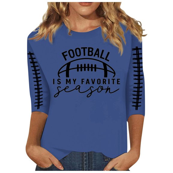 Women's Casual Rugby Letter Print T-Shirt Ladies Round Neck Three Quarter Sleeve Soft Comfortable Stylish Top