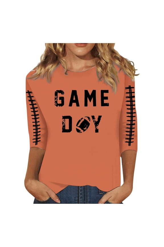 Women's Casual Rugby Letter Print T-Shirt Three Quarter Sleeve Round Neck Ladies Top Comfortable Fashion Tee