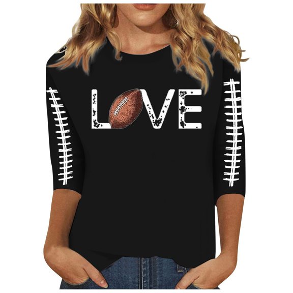 Women's Casual Rugby Letter Print T-Shirt Three Quarter Sleeve Round Neck Ladies Top Soft Comfortable Stylish Tee