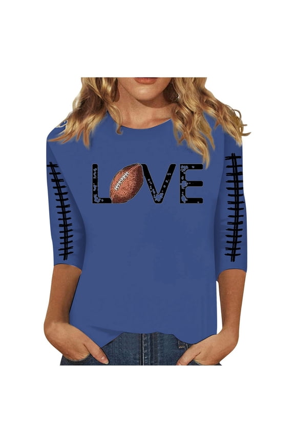 Women's Casual Rugby Letter Print T-Shirt Three Quarter Sleeve Round Neck Ladies Top Soft Comfortable Stylish Tee