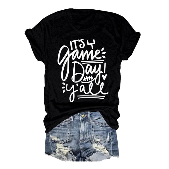 Women's Casual Rugby Print Crewneck Tee Loose Fit Short Sleeve Shirt Comfortable Breathable Blend Top Stylish Streetwear