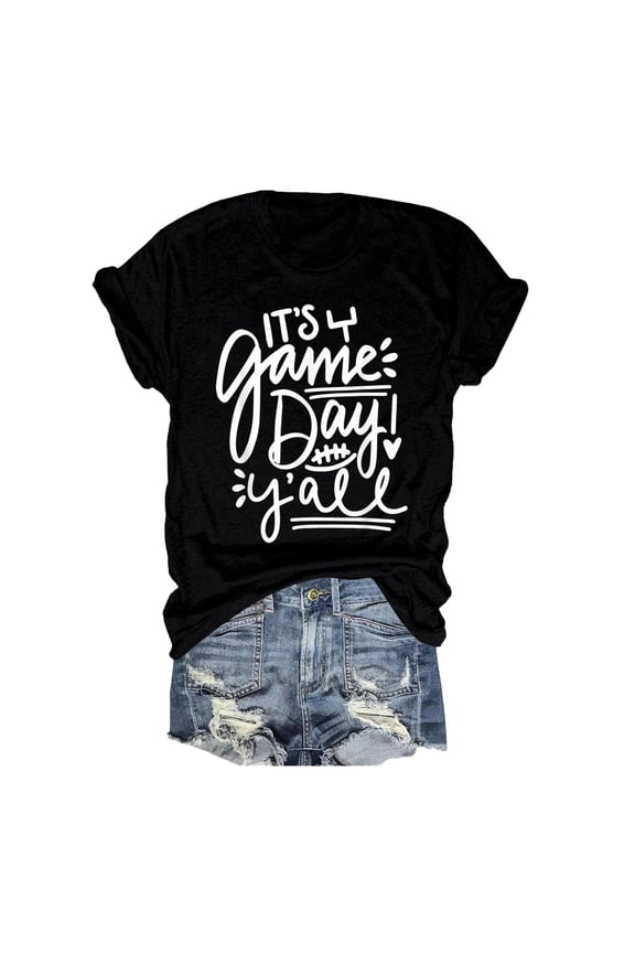 Women's Casual Rugby Print Crewneck Tee Loose Fit Short Sleeve Shirt Comfortable Breathable Blend Top Stylish Streetwear