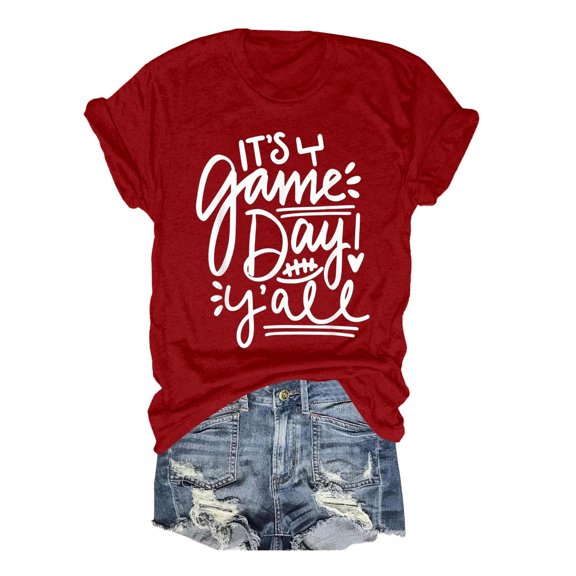 Women's Casual Rugby Print Crewneck Tee Loose Fit Short Sleeve Shirt Comfortable Breathable Blend Top Stylish Streetwear