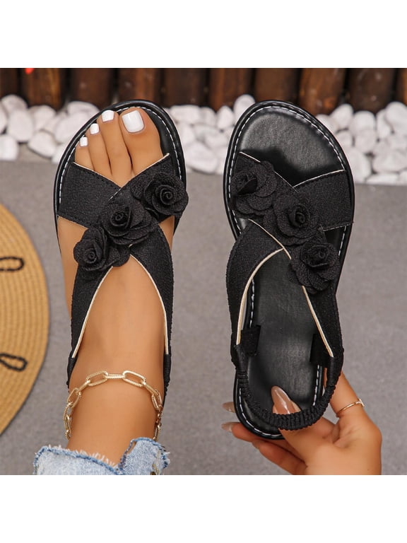 Women's Casual Sandals Soft Sole Beach Open Toe Flat Shoes with Floral Detail Summer Walking Sandals