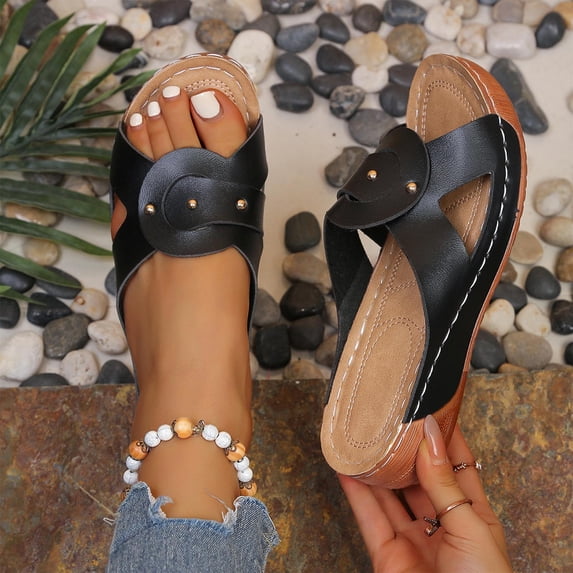 Women's Casual Sandals Spring Summer Fashion Versatile Slippers Solid Open Toe Trendy One-Strap Slippers Womens Wedge Heels Shoes