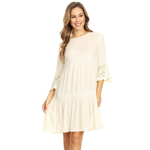 Women's Casual Semi Sheer Bohemian Crochet Lace Bell Sleeve Flowy Mini Dress