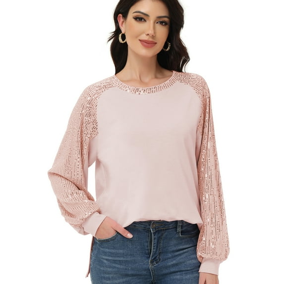Women's Casual Sequin Ballon Long Sleeve Blouse Loose Round Neck Matching Top Party