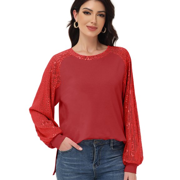 Women's Casual Sequin Ballon Long Sleeve Blouse Loose Round Neck Matching Top Party