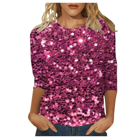 Women's Casual Sequin Effect 3/4 Sleeve Crew Neck T-Shirt Top Comfortable Stylish Carnival Party Wear