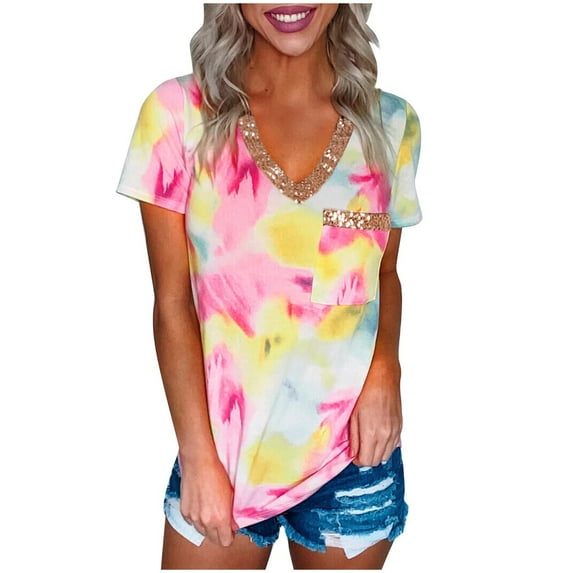 Women's Casual Sequins Glitter Summer T Shirts Short Sleeve Crewneck/V Neck Tie Dye Tee Tops Chest Pocketed Blouses
