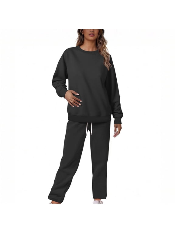 Women's Casual Sets 2 PC Sets Long Sleeve Crew Neck Loose Oversized Sweatshirts Slim Fit Pants Track Sports Set Black L