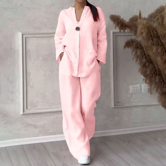 Women's Casual Sets Solid Color Button Long Sleeve Shirt High Waist Loose Pocket Pant Two Piece Top And Bottom Set Formal Dresses with Pants Puddle Pants Women Pants for Women Women's Dressy Pant