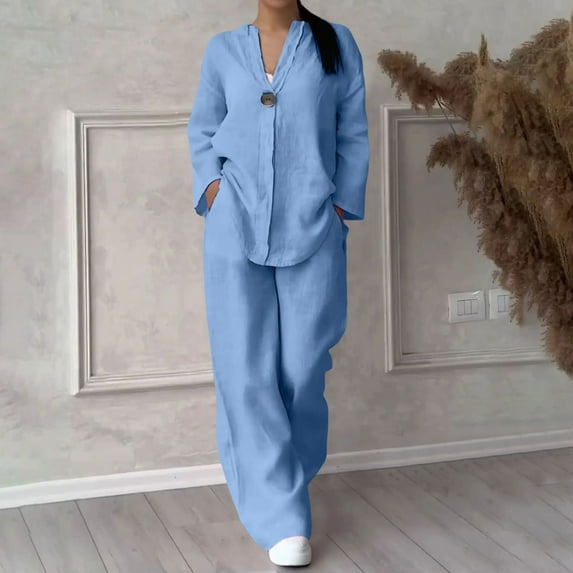 Women's Casual Sets Solid Color Button Long Sleeve Shirt High Waist Loose Pocket Pant Two Piece Top And Bottom Set Womens Summer Work Suits Champagne Romper for Women Juniors Pant Suits Formal Womens