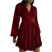 NEBZCIV Women's Casual Sexy Dress Long Puff Sleeve V Neck Pleated Empire Waist Mini Dress Solid Elegant Spring Dresses