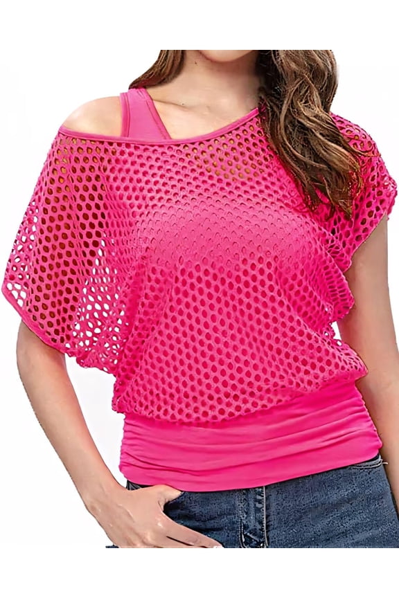 Women's Casual Sexy Off Shoulder T-Shirt Tops, 80s 90s Outfit Short Sleeve Oversized 80's Costume Neon Clothes