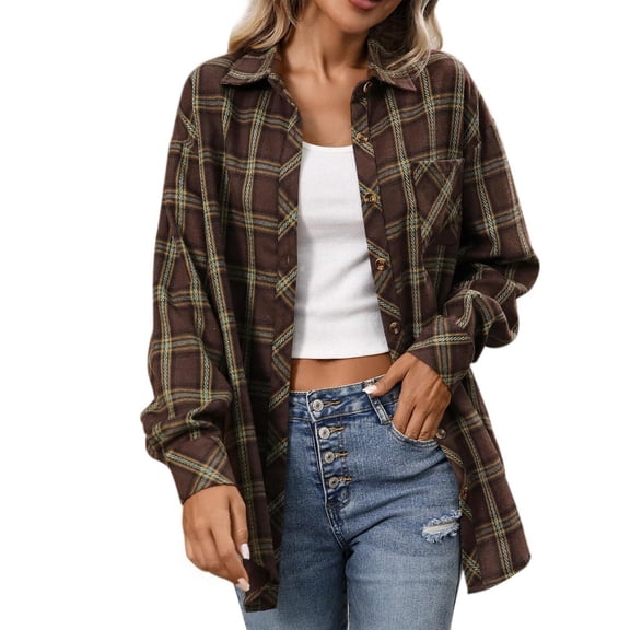 Women's Casual Shacket Jacket Plaid Shirts Flannel Blouses Button Down Shirts Long Sleeve Top