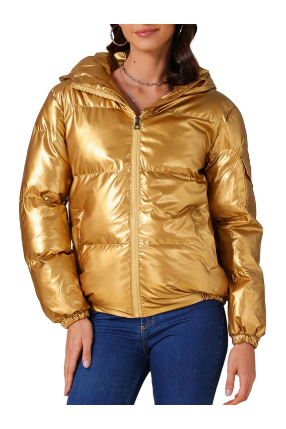 Women's Casual Shiny Pockets Hooded Winter Puffer Jackets Coats L Gold