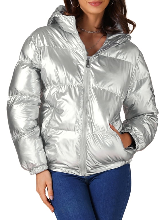 Women's Halloween Casual Shiny Pockets Hooded Winter Puffer Jackets Coats S Silver