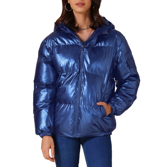 INSPIRE CHIC Women's Casual Shiny Pockets Hooded Winter Puffer Jackets Coats XL Royal Blue