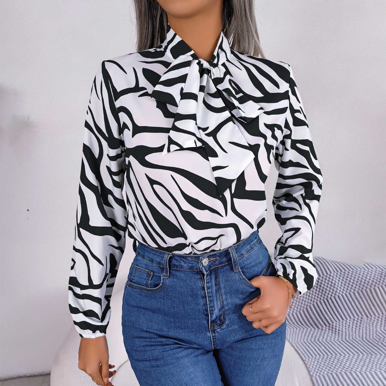 Women s Casual Shirt Lace Up Bow Chiffon Blouse Fall Long Sleeve Print Pullover Loose Fit Jumper Comfy Tops S Black Walmart