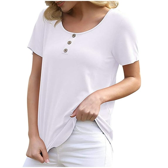 ZQUUVOU Women's Casual Shirt Loose Solid Color Crewneck Short Sleeve Button T-Shirt Tops White