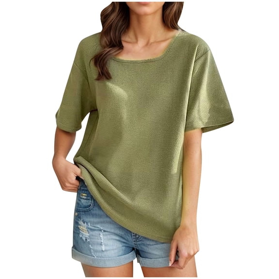 ZQUUVOU Women's Casual Shirt Solid Color Short-Sleeved Crewneck Top Olive Green
