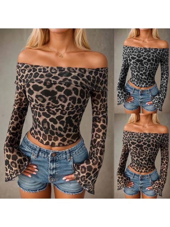 Women's Casual Shirts Cropped Long Sleeve Leopard Print Top Off The Shoulder Trim Mesh Crop Tops T Shirt Loose Shirts M