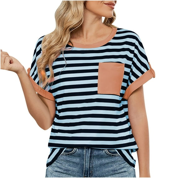 Women's Casual Shirts Fashion Classic Striped Print Blouses Summer Short Sleeved T-Shirts Loose Round Neck Daily Pullover Top