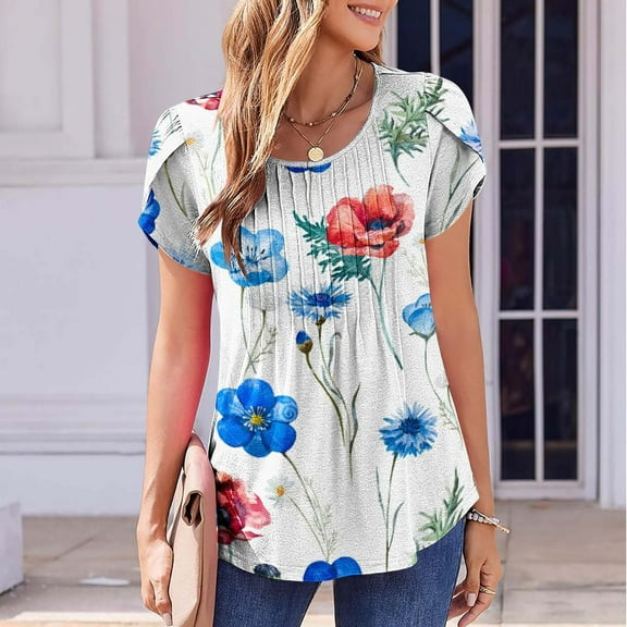 Women's Casual Shirts Fashion Spring Element Beautiful Flowers Printed Round Neck T-Shirts Womens Summer Loose Short Sleeve Tops