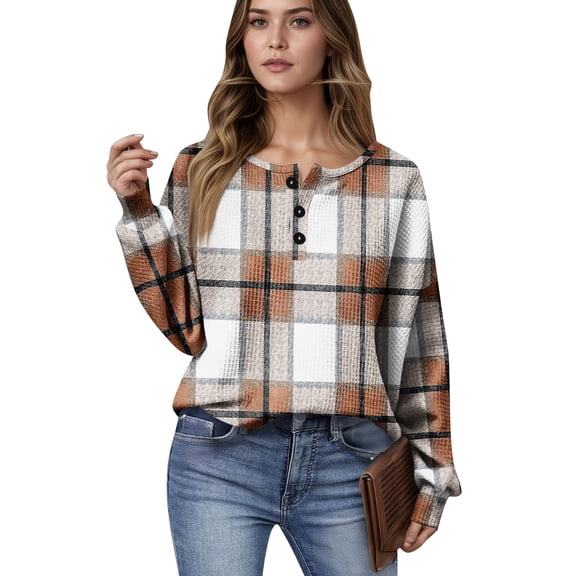 Women's Casual Shirts Long Sleeve Tops Button Up V Neck Loose Knit Fall Favorites For Women with Large Plaid Print Waffle Henley Shirt, Autumn Winter Fashion Comfortable Blouse,Khaki,S