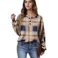 thumbnail image 1 of Women's Casual Shirts Long Sleeve Tops Button Up V Neck Loose Knit Fall Favorites For Women with Large Plaid Print Waffle Henley Shirt, Autumn Winter Fashion Comfortable Blouse,Navy,XL, 1 of 7