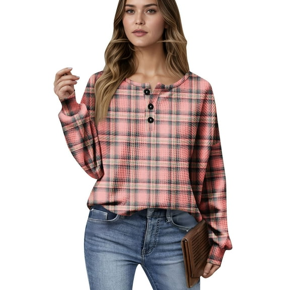 Women's Casual Shirts Long Sleeve Tops Button Up V Neck Loose Knit Fall Favorites For Women with Plaid Print Waffle Henley Shirt, Autumn Winter Fashion,Pink,XL