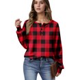 thumbnail image 1 of Women's Casual Shirts Long Sleeve Tops Button Up V Neck Loose Knit Fall Favorites For Women with Retro Plaid Print Waffle Henley Shirt, Classic Autumn Wear,Red,XL, 1 of 7
